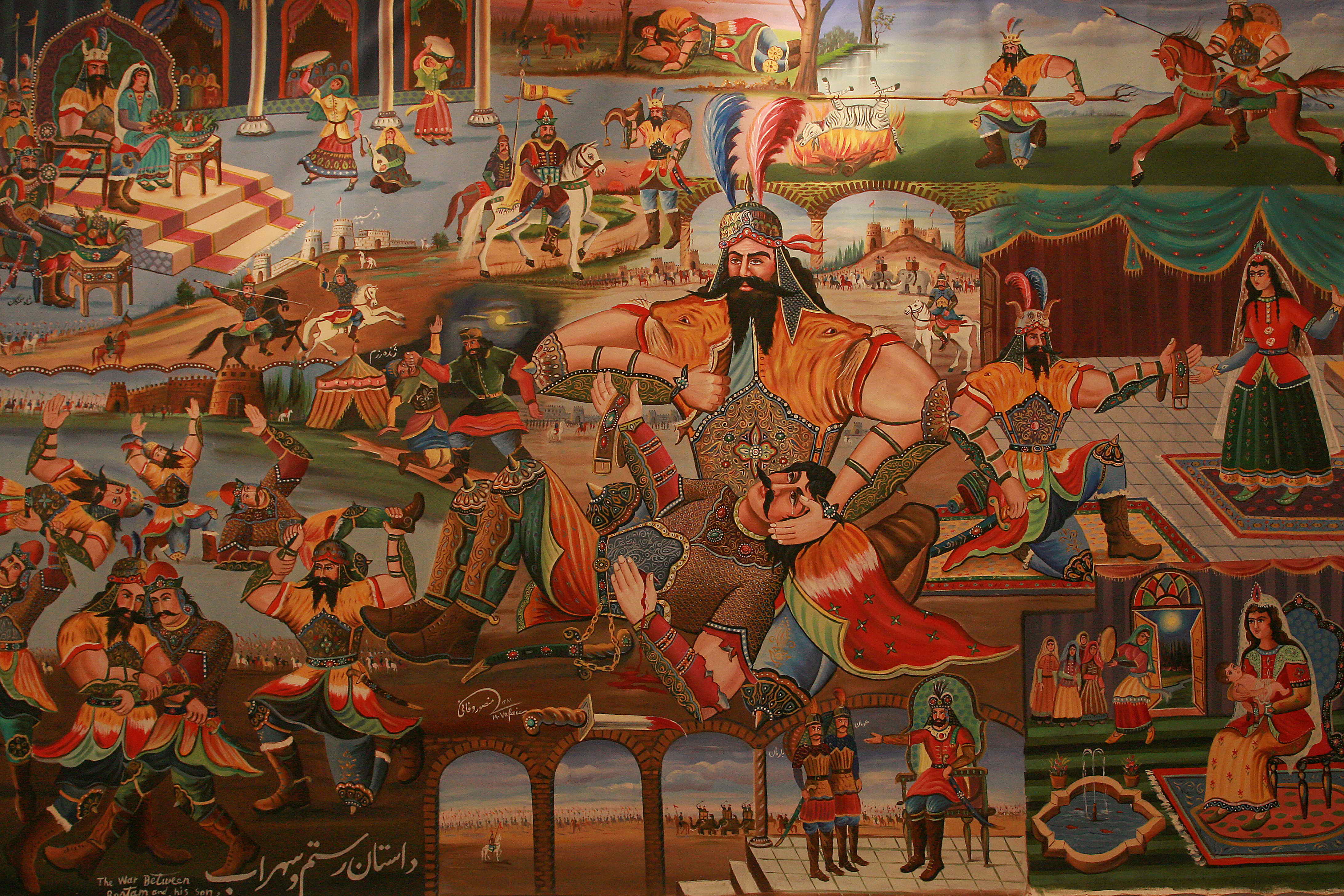 A Persian miniature displayed in a traditional qahveh khaneh (coffeehouse) in Tehran—coffee culture endures from the ancient to the modern