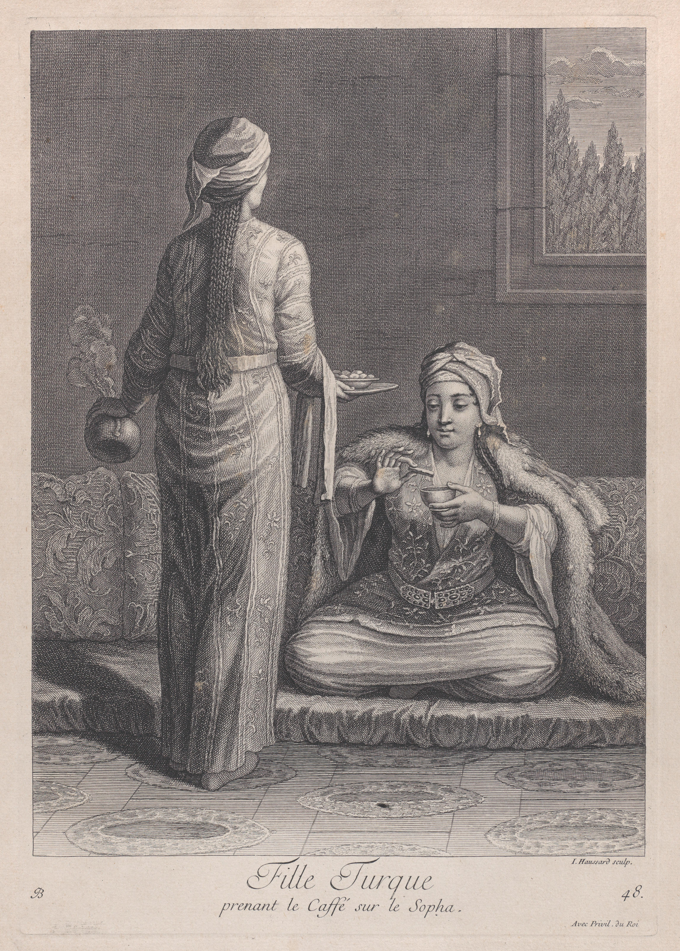 Fille Turque, prenant le Caffe sur le Sopha (Turkish girl taking coffee), after Jean Baptiste Vanmour, 1714–15