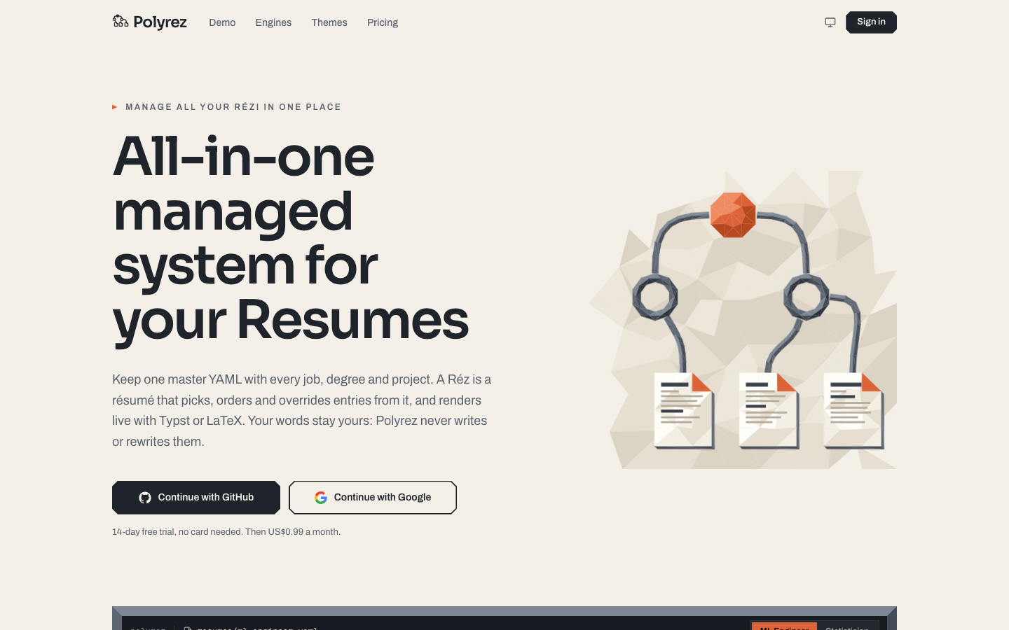The landing page. One master YAML on the left, the rendered Réz on the right; the tree in the logo is the data model.